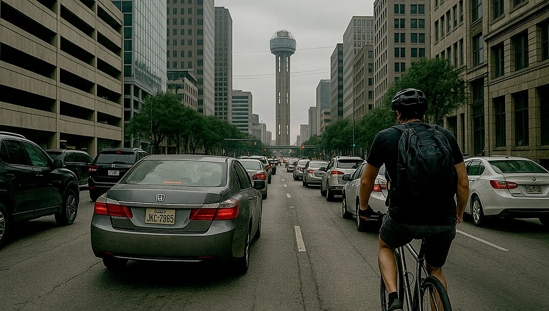 A cyclist riding between lanes of traffic on a downtown Dallas street with Reunion Tower ahead