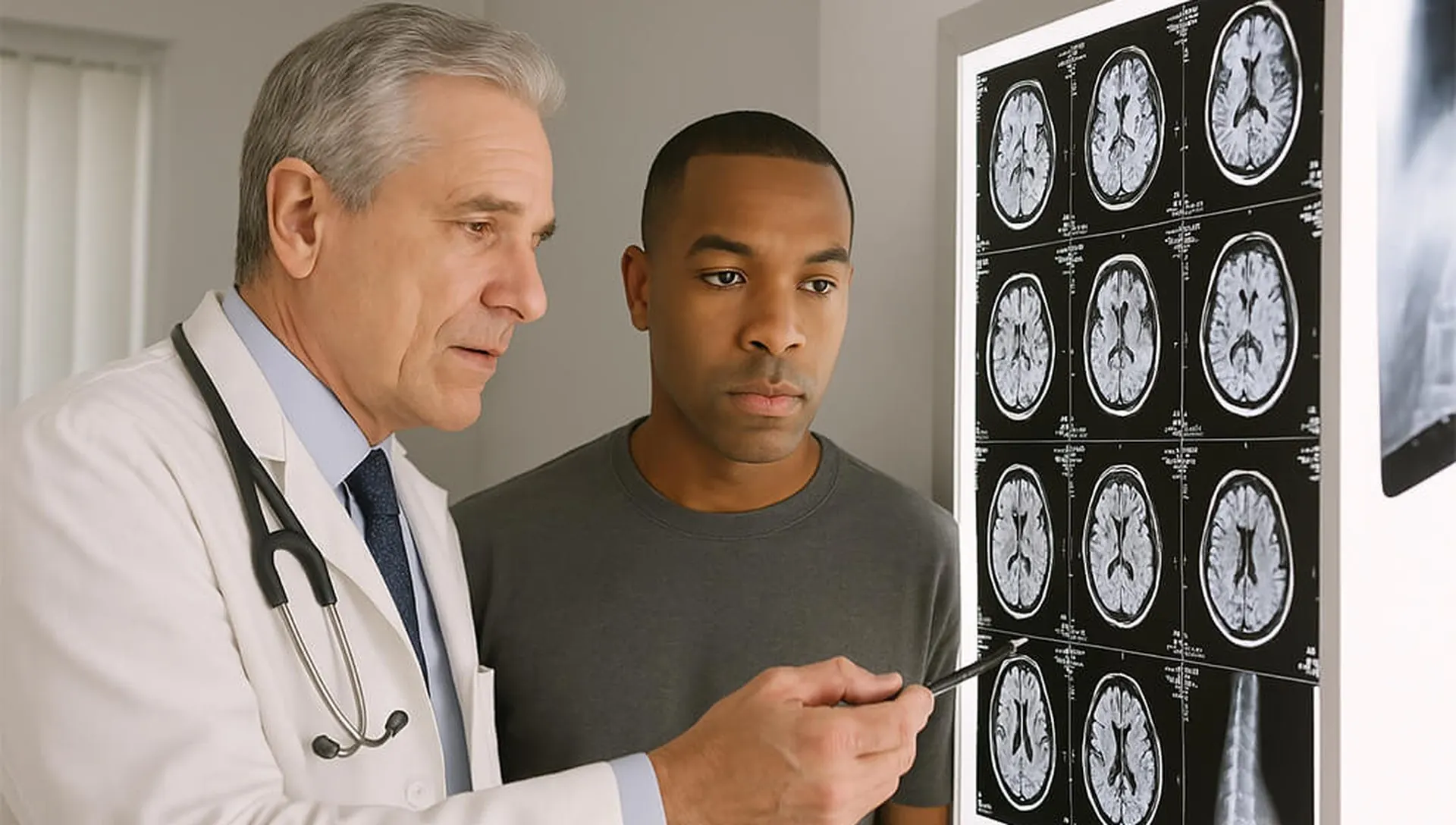A doctor pointing to a panel of brain MRI slices on a light box while a patient looks on
