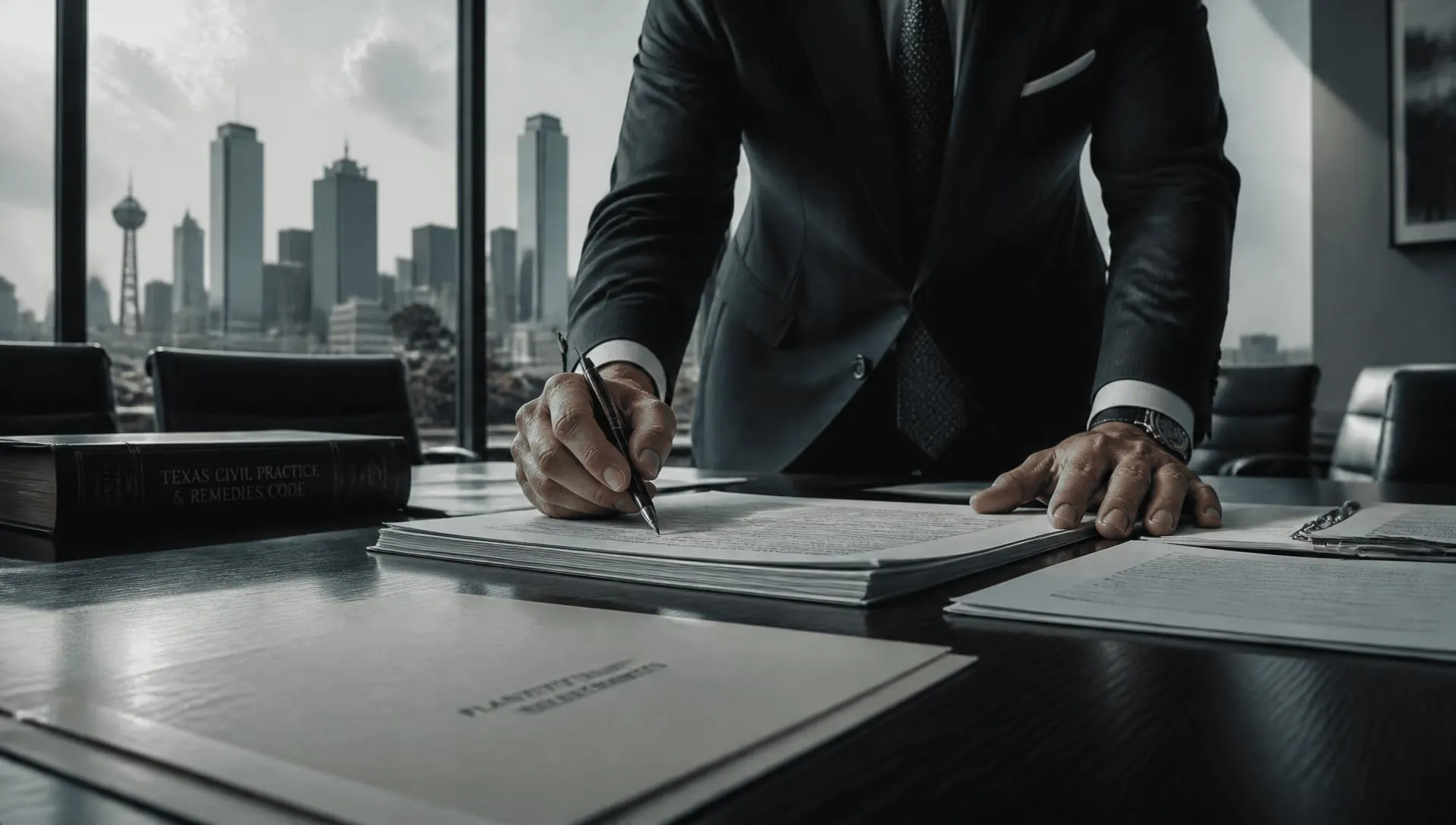 Dallas personal injury trial attorney reviewing a case file with the city skyline behind