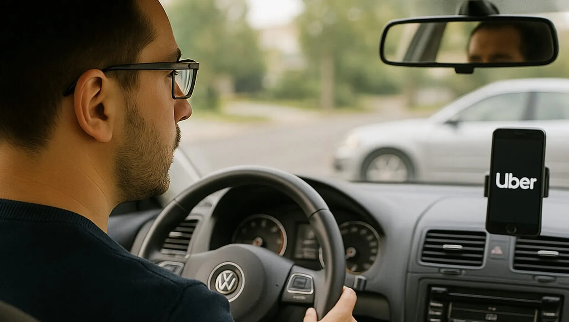 A rideshare driver at the wheel of a car with the Uber app open on a phone mounted to the dashboard
