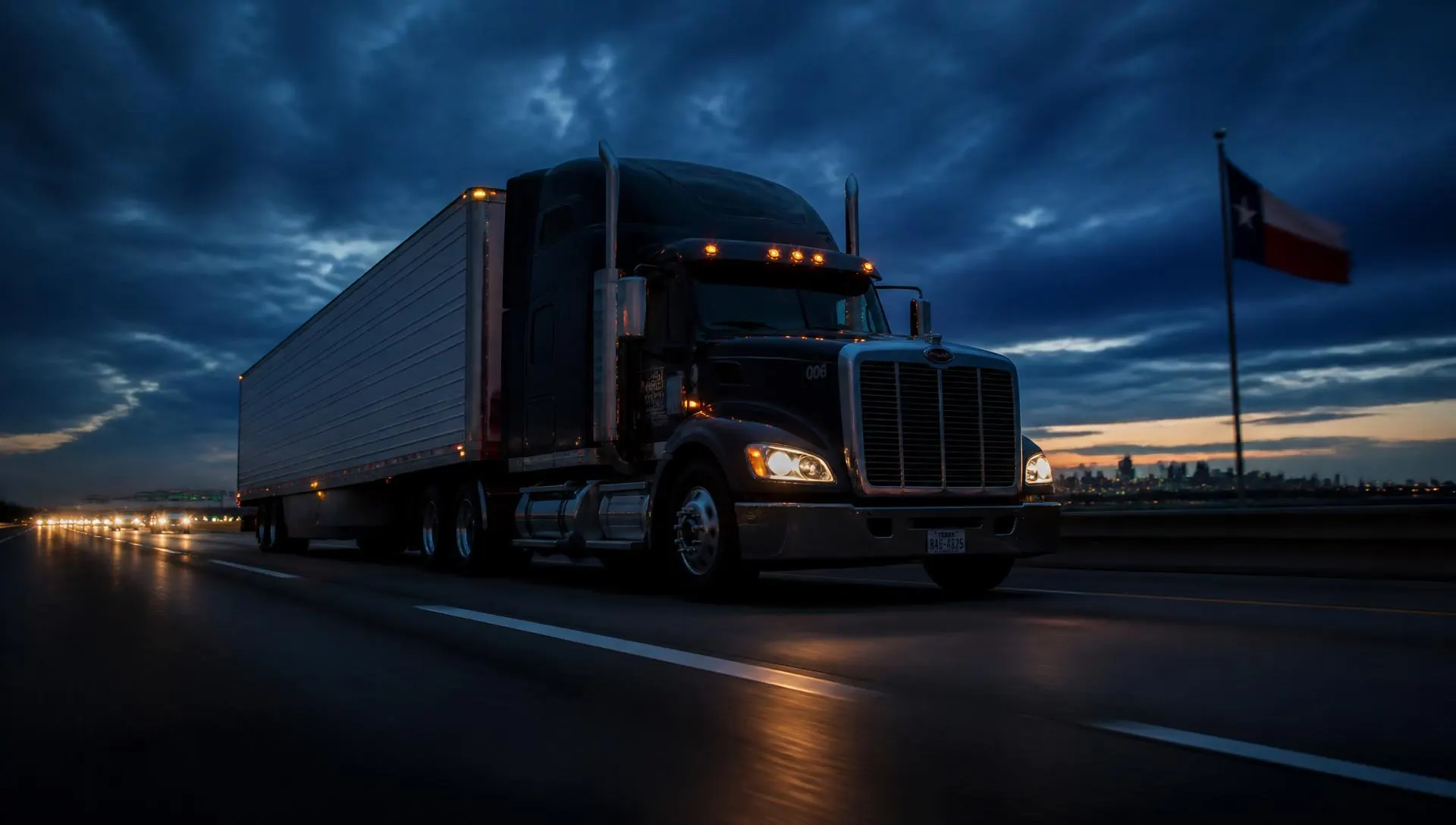 An 18-wheeler travelling a Texas highway at dusk
