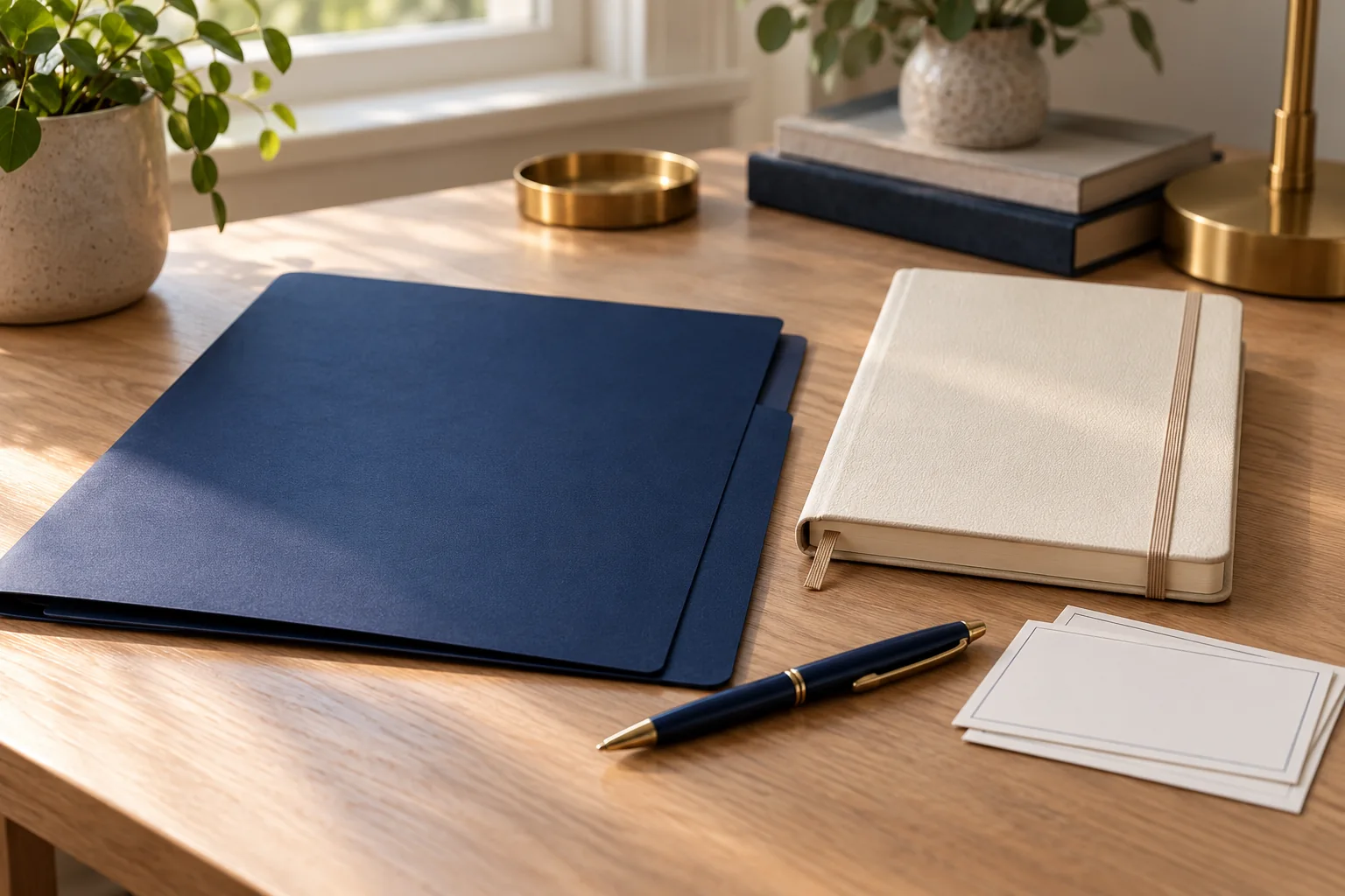 Navy appointment folder, daily journal and blank cards on a desk