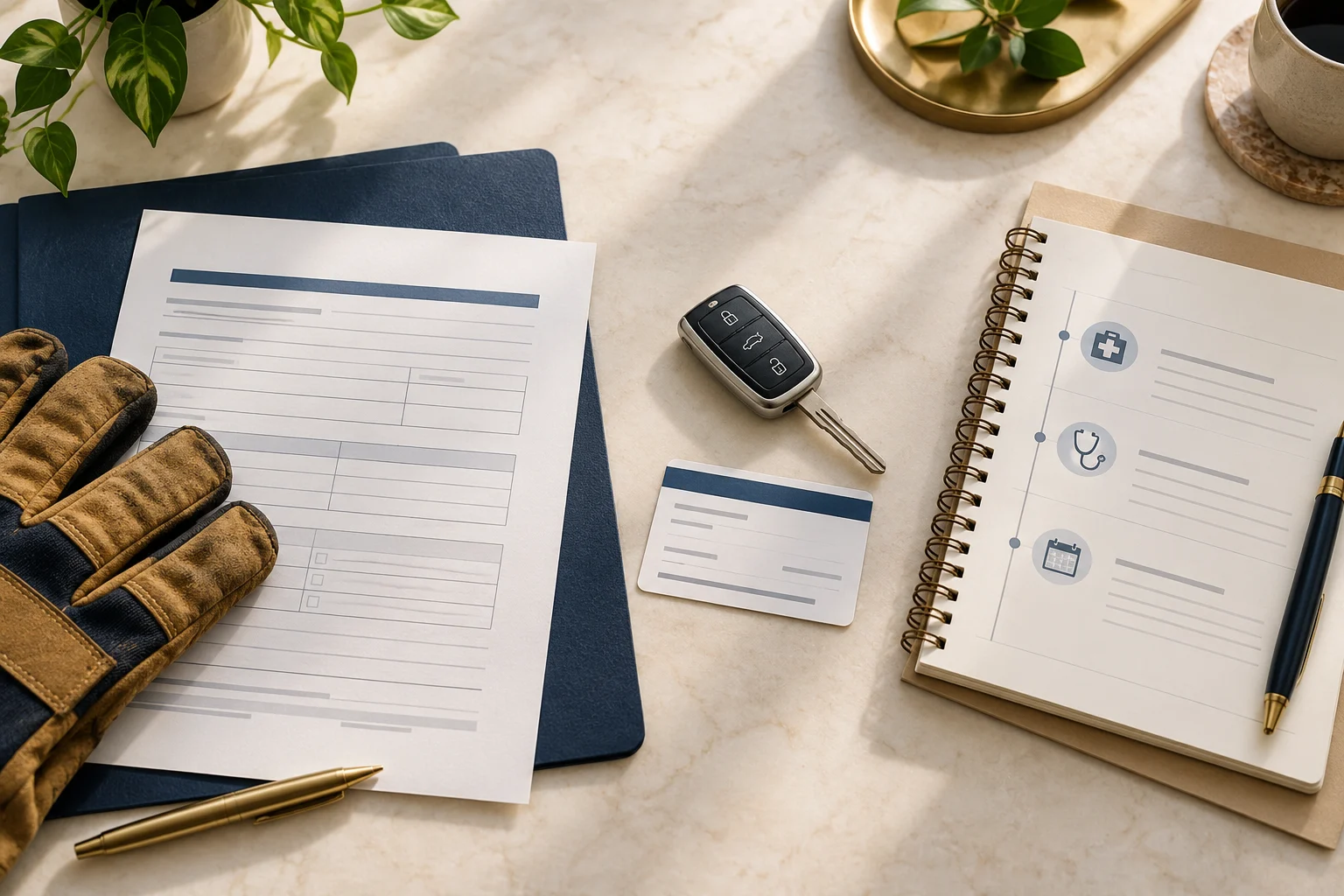 Work glove, car keys and appointment notebook beside separate document folders