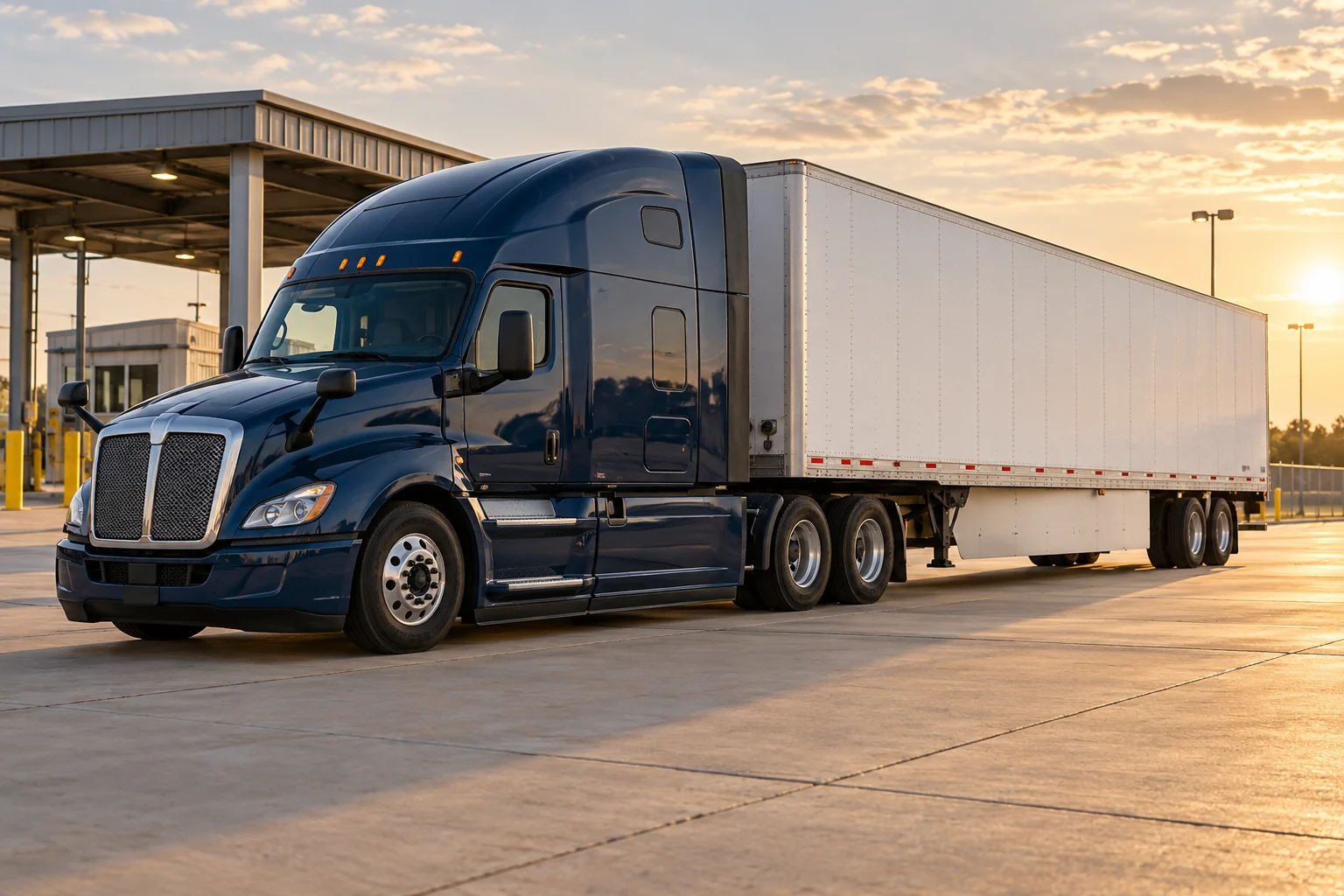 Unbranded tractor-trailer parked in a commercial vehicle inspection yard