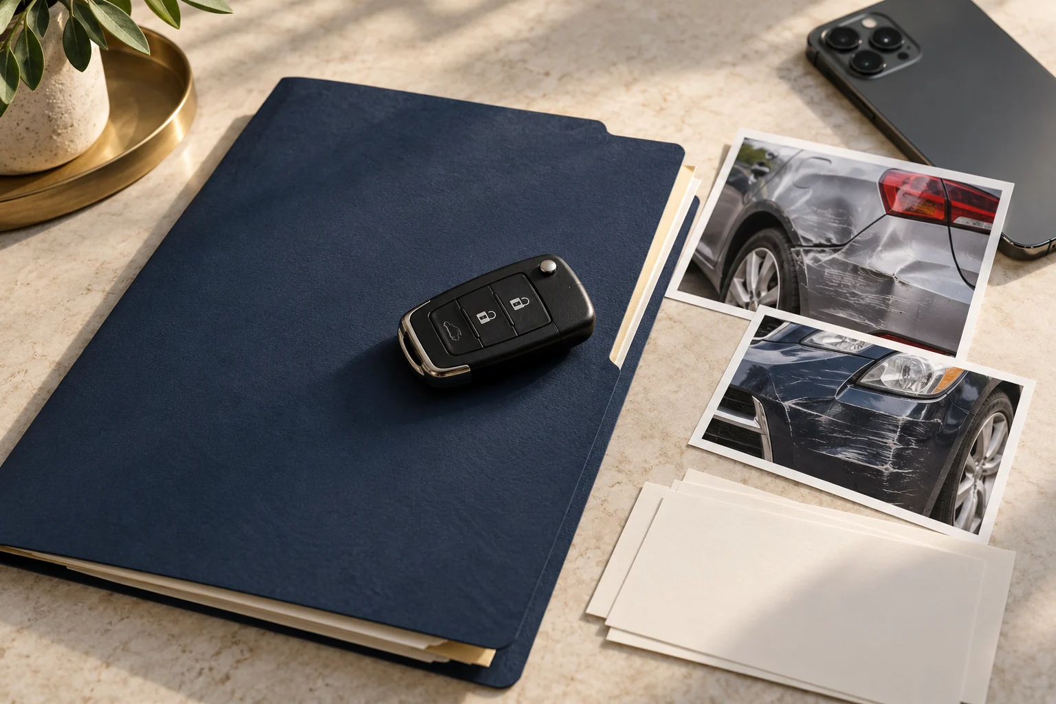 Llaves de automóvil y fotografías de una colisión junto a una carpeta azul