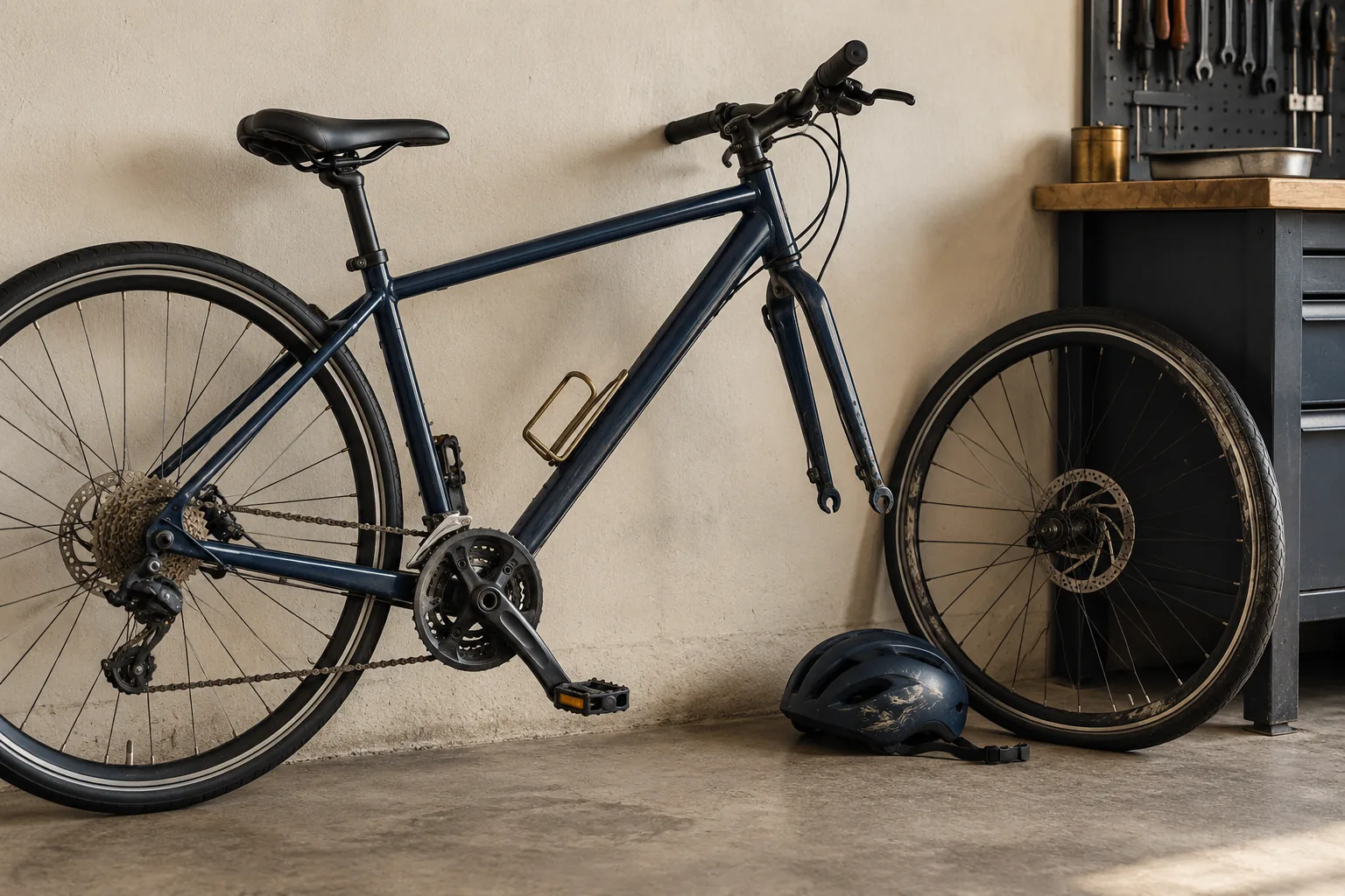 Bicycle, helmet and detached front wheel in a workshop