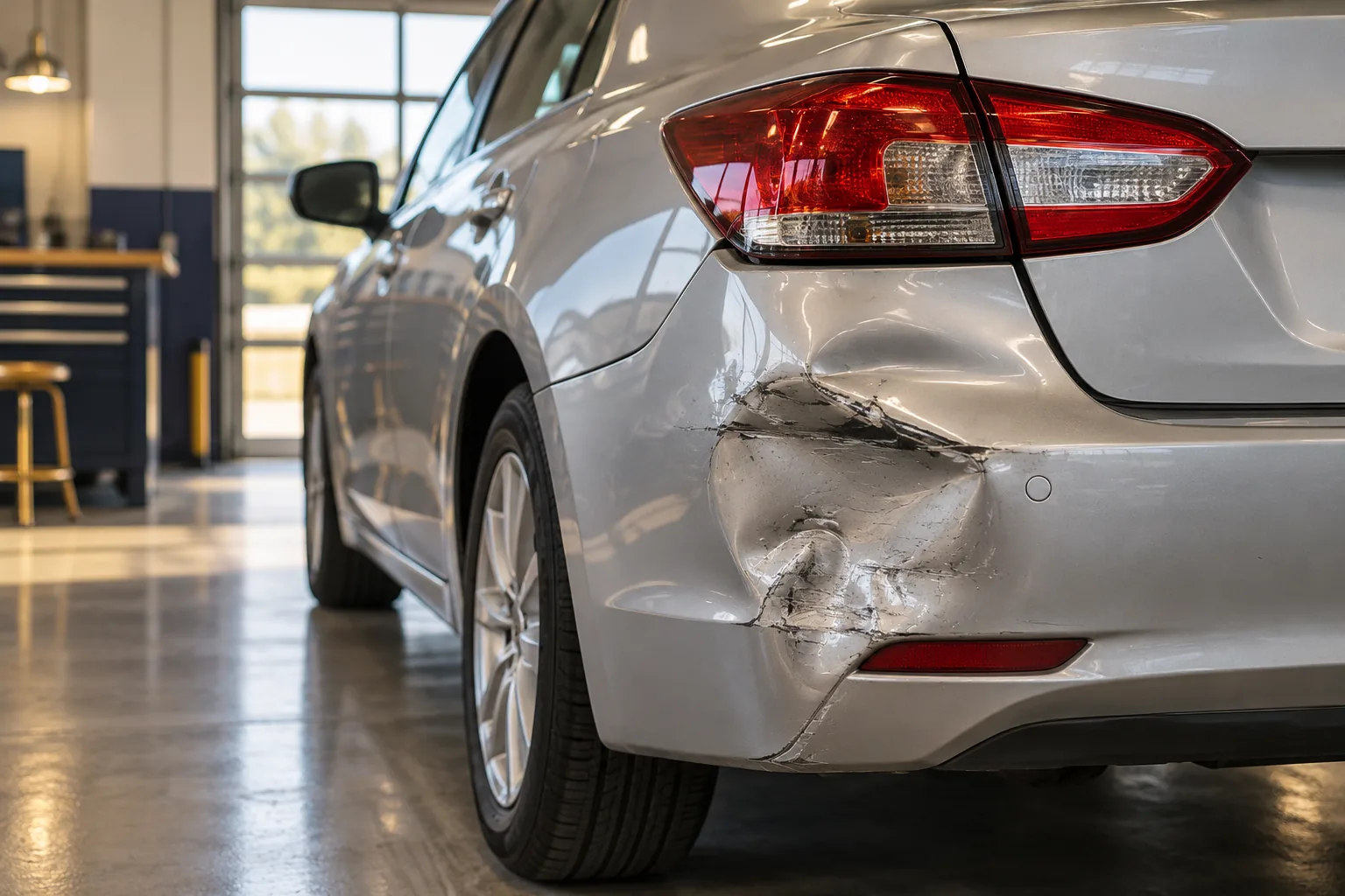 Dented rear bumper and taillight of a car parked in an inspection bay