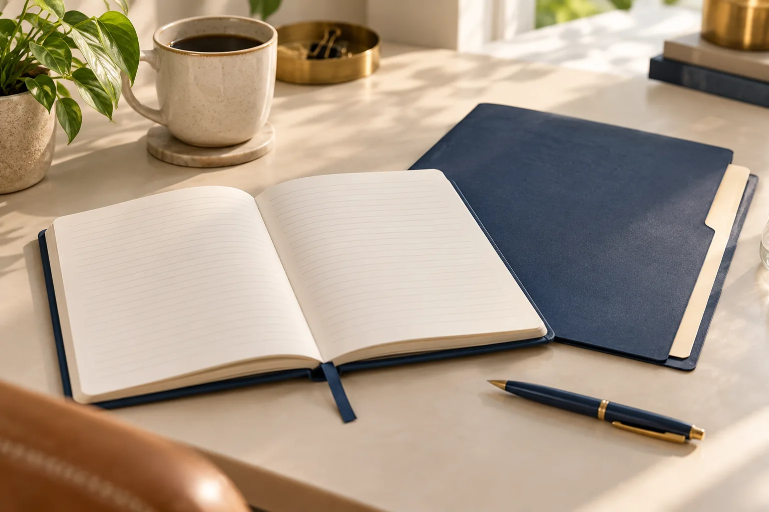 Blank daily journal and appointment folder on a desk