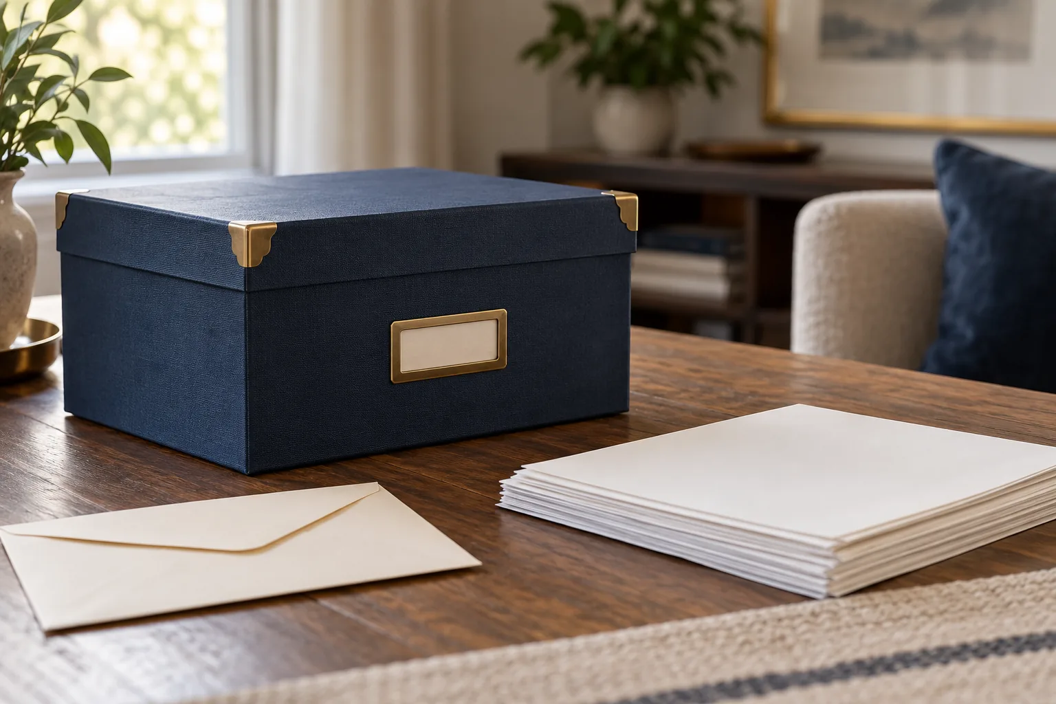 Navy document box, envelope and blank paperwork on a home table