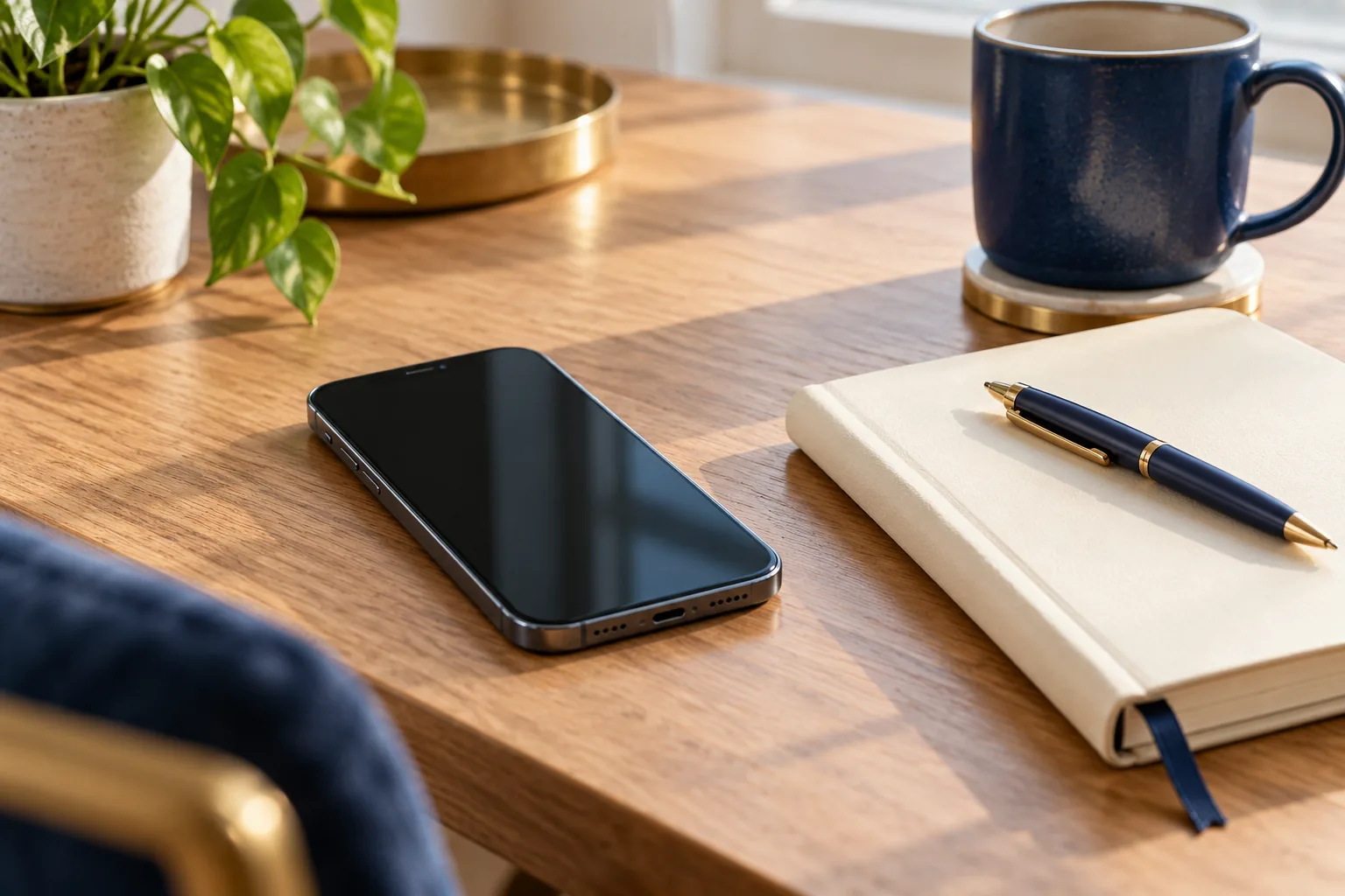 Smartphone with dark screen beside a notebook and pen
