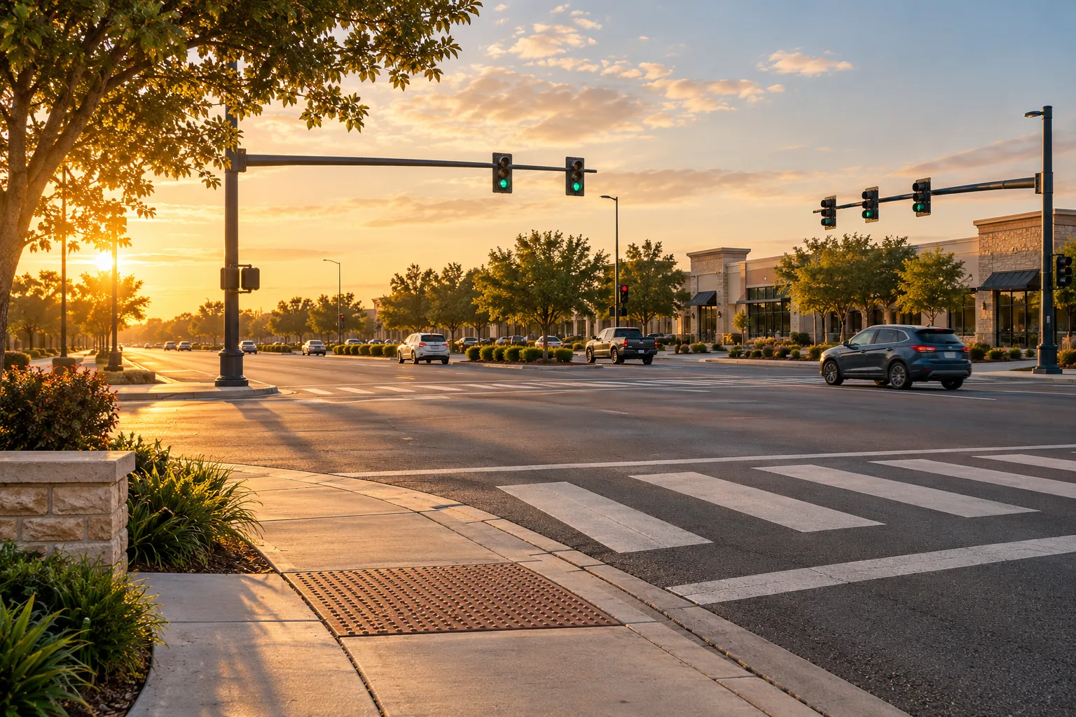 Generic suburban intersection with traffic signals and marked crosswalks