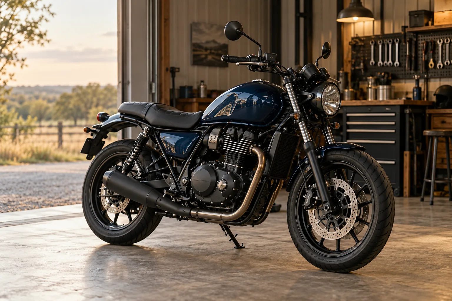 Unbranded navy motorcycle parked beside a workshop