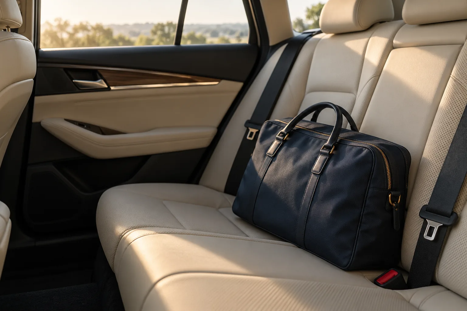 Rear passenger seat with seat belt and a navy bag