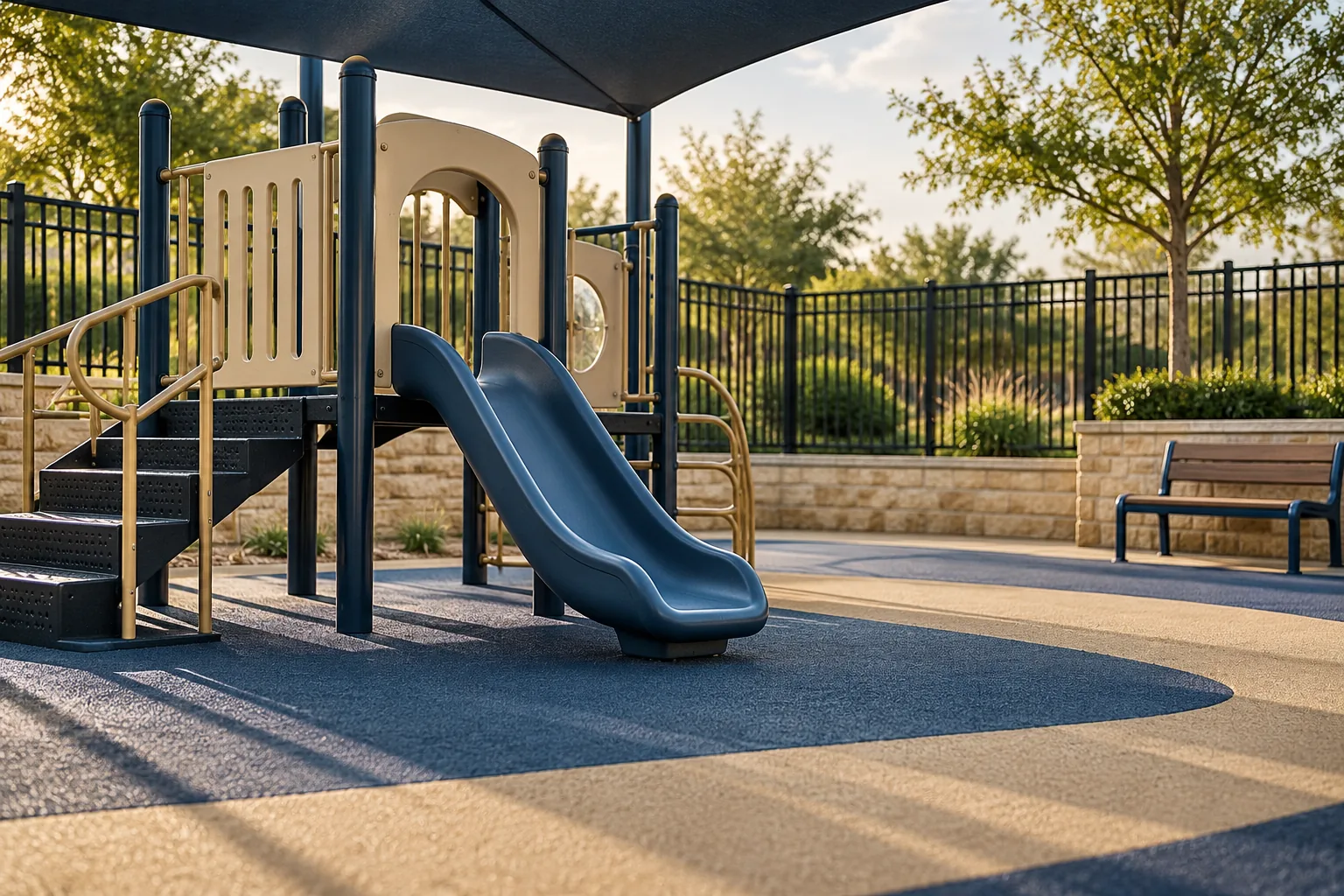 Empty fenced playground with a small slide and protective surface