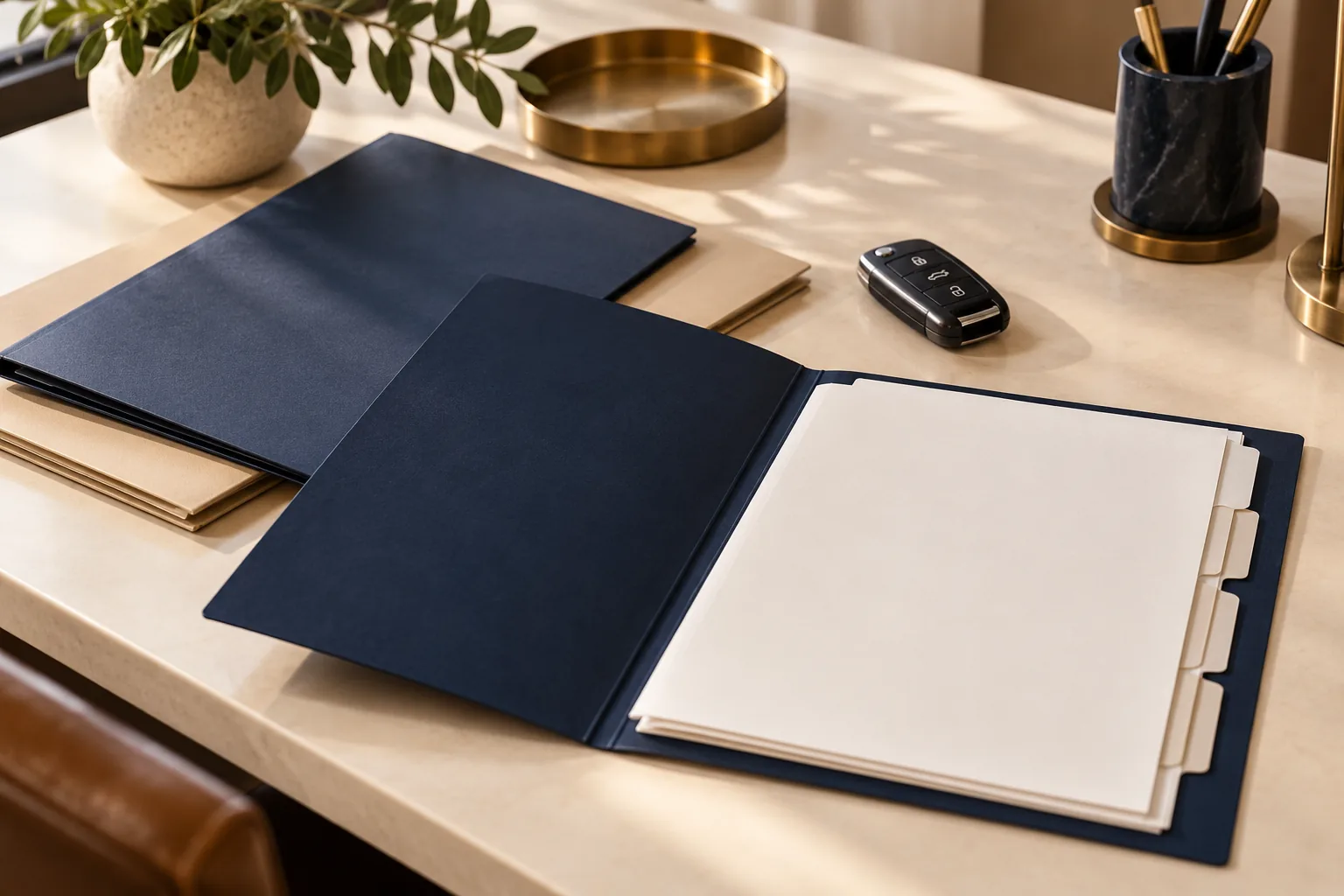 Plain folders and a car key beside blank paperwork