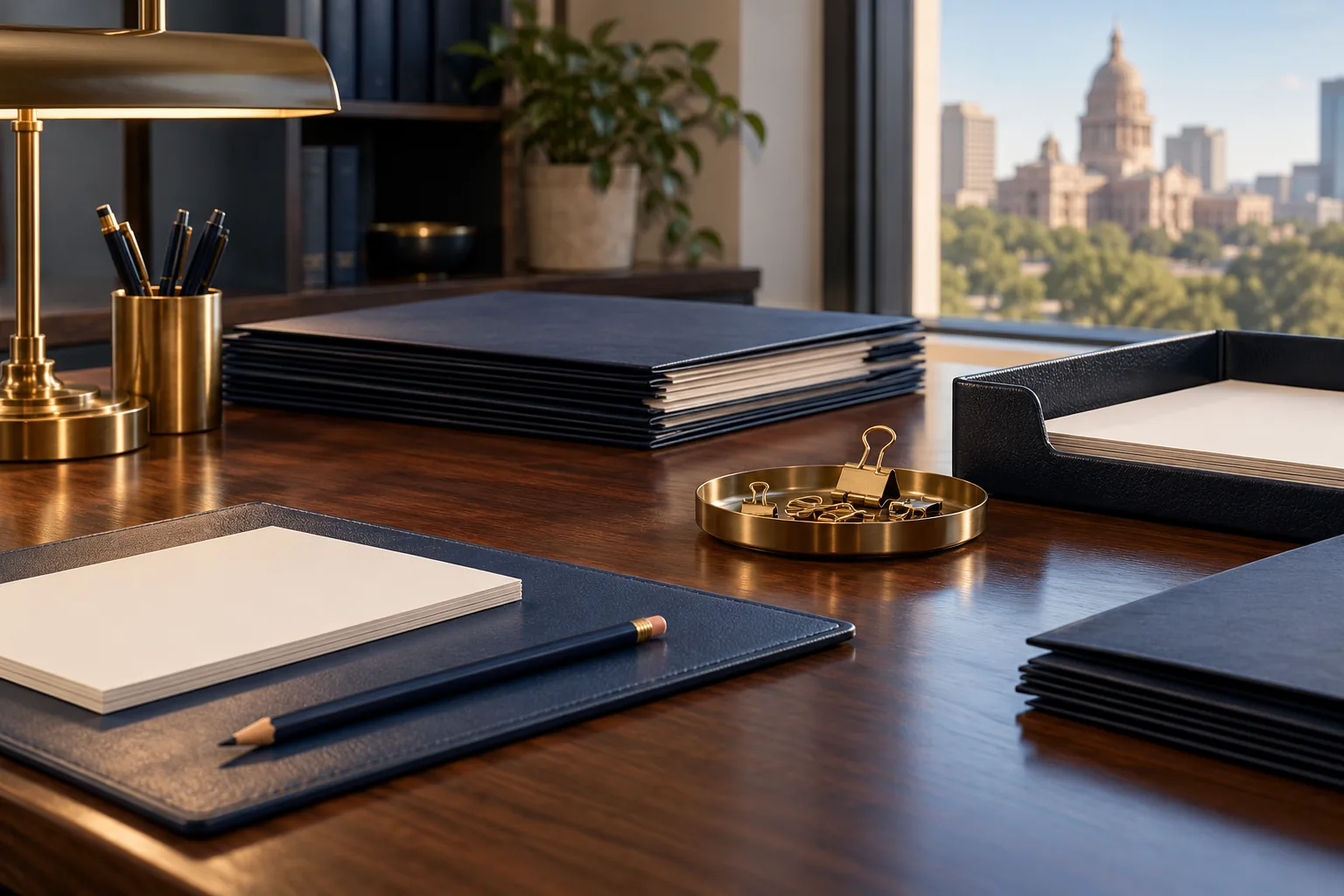 Organized desk with document folders and blank index cards
