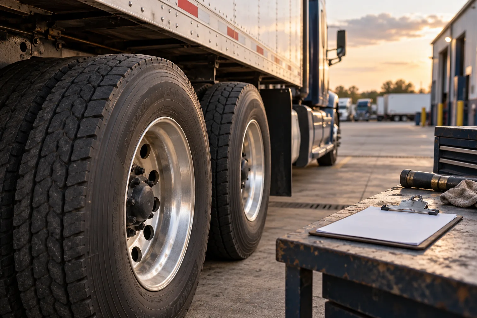 Tractor-trailer wheels and inspection clipboard in a service yard