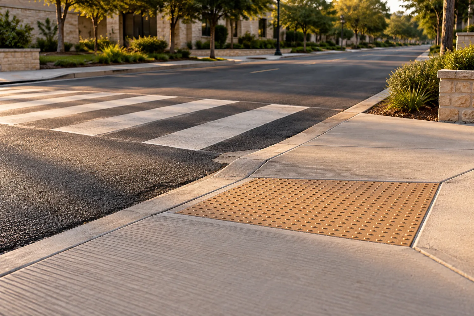 Empty pedestrian crossing and accessible curb ramp