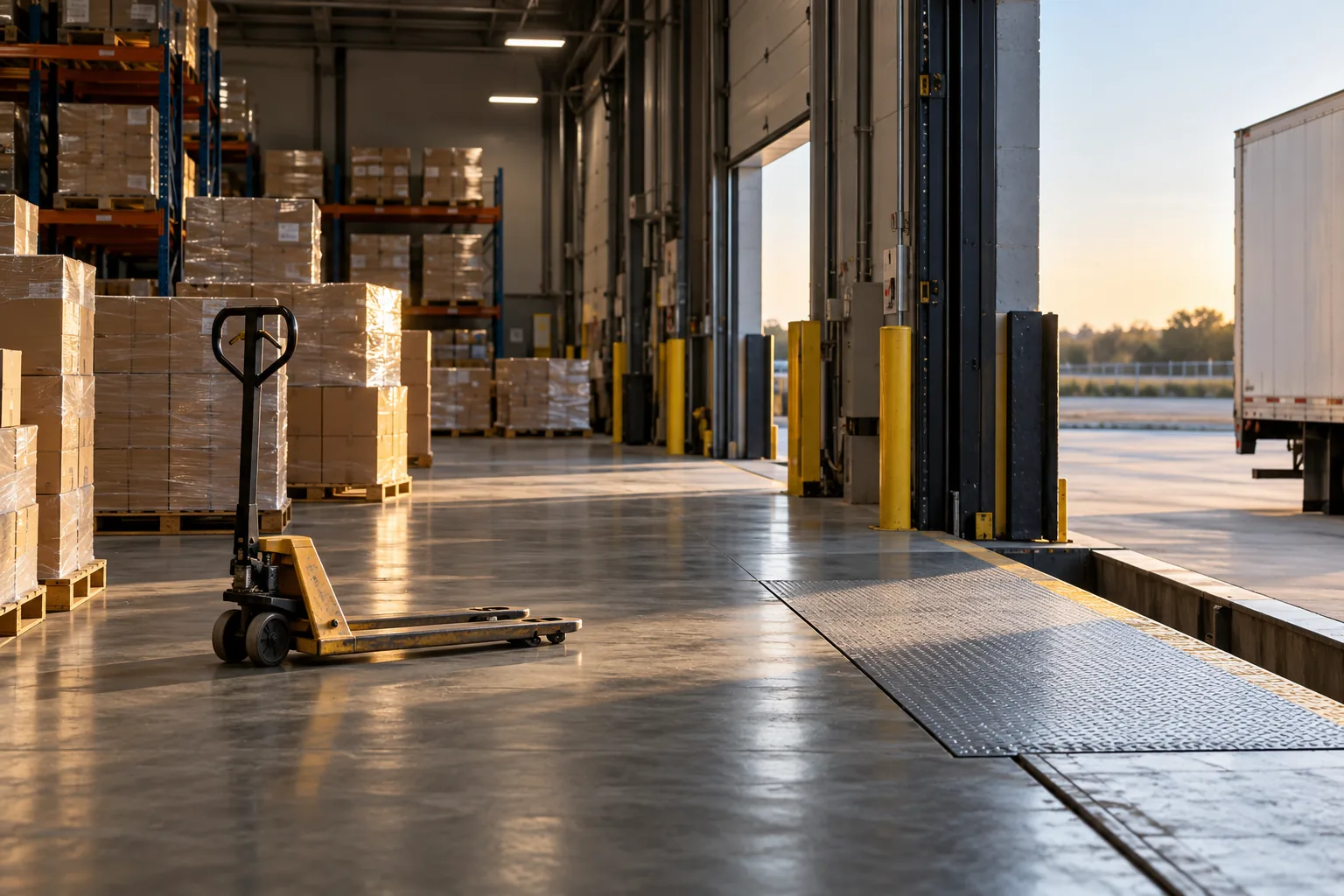 Empty warehouse dock with pallets and a parked pallet jack