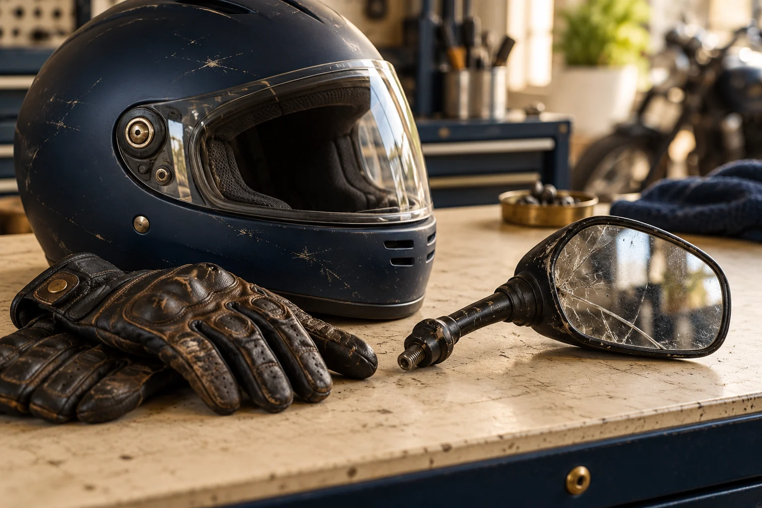 Scuffed motorcycle helmet, riding gloves and damaged mirror on a workbench