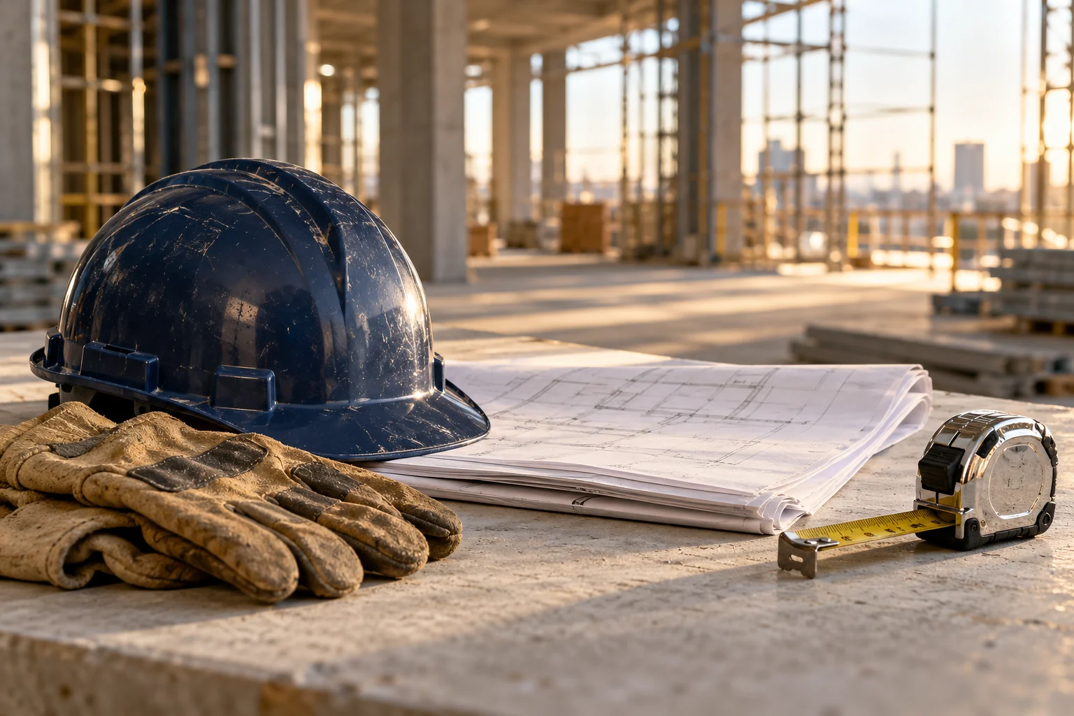 Navy hard hat, work gloves and site plans on a workbench at a construction site